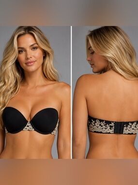 Wacoal NWT Black and Cream Lace Strapless Adhesive Band Bra -34D